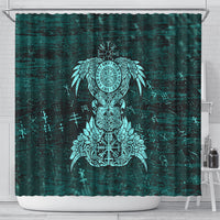 Valknut Ravens and Vegvisir Helm of Awe Shower Curtain Viking Nordic Celtic Knotwork Turquoise Runic Art
