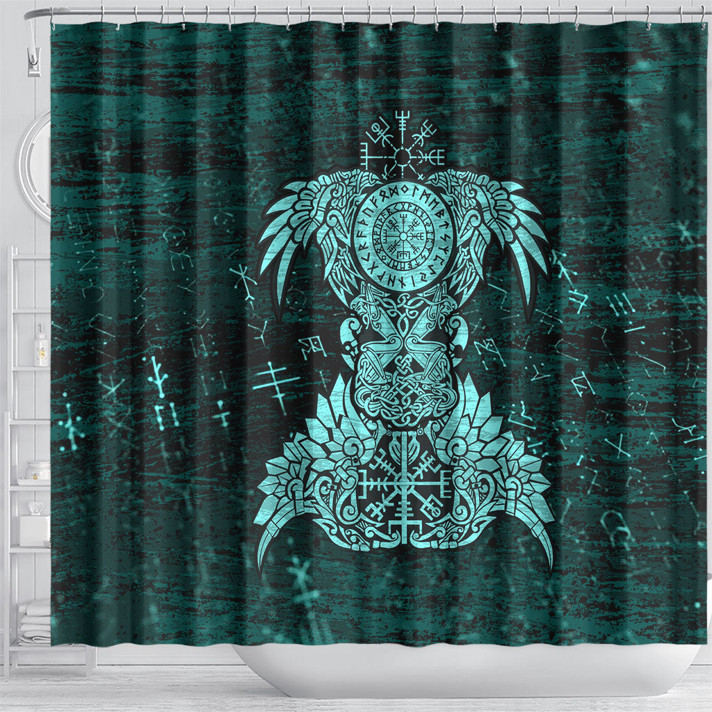 Valknut Ravens and Vegvisir Helm of Awe Shower Curtain Viking Nordic Celtic Knotwork Turquoise Runic Art
