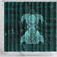 Valknut Ravens and Vegvisir Helm of Awe Shower Curtain Viking Nordic Celtic Knotwork Turquoise Runic Art