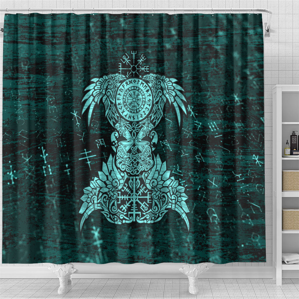 Valknut Ravens and Vegvisir Helm of Awe Shower Curtain Viking Nordic Celtic Knotwork Turquoise Runic Art