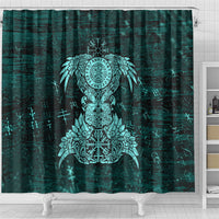 Valknut Ravens and Vegvisir Helm of Awe Shower Curtain Viking Nordic Celtic Knotwork Turquoise Runic Art