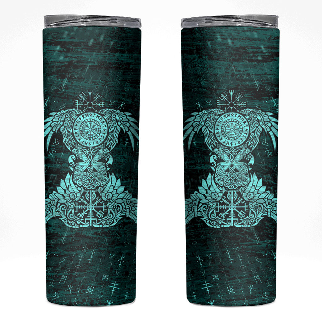 Valknut Ravens and Vegvisir Helm of Awe Skinny Tumbler Viking Nordic Celtic Knotwork Turquoise Runic Art