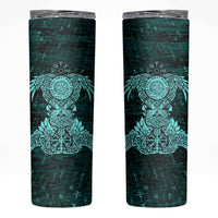 Valknut Ravens and Vegvisir Helm of Awe Skinny Tumbler Viking Nordic Celtic Knotwork Turquoise Runic Art