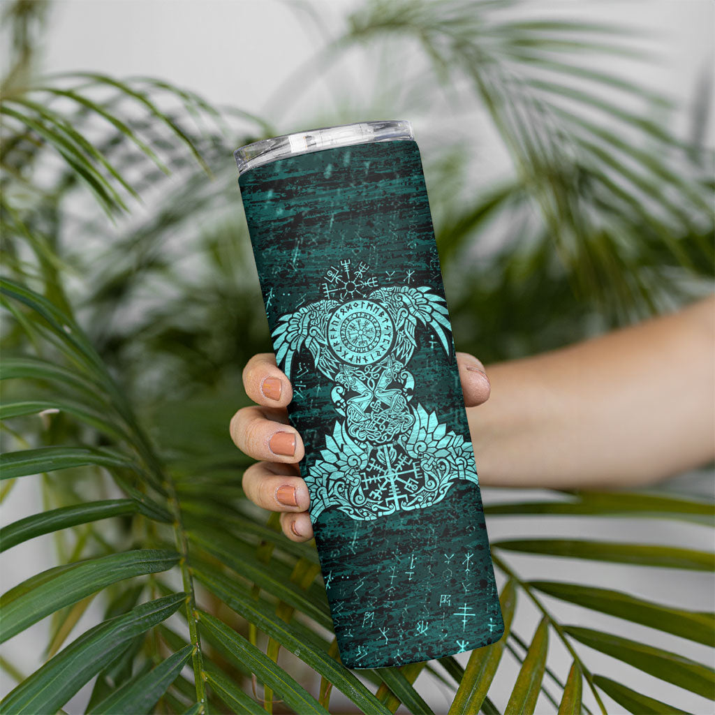 Valknut Ravens and Vegvisir Helm of Awe Skinny Tumbler Viking Nordic Celtic Knotwork Turquoise Runic Art