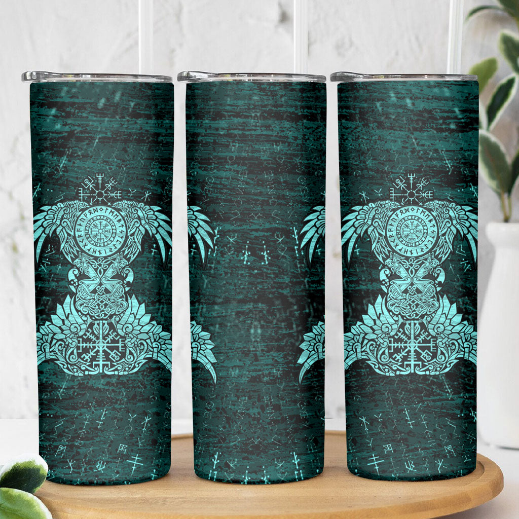 Valknut Ravens and Vegvisir Helm of Awe Skinny Tumbler Viking Nordic Celtic Knotwork Turquoise Runic Art
