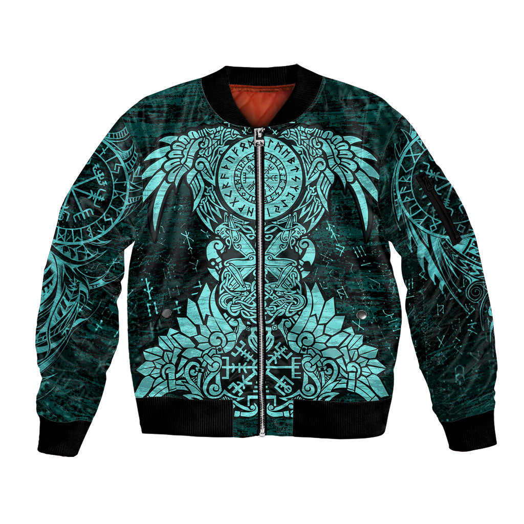Valknut Ravens and Vegvisir Helm of Awe Sleeve Zip Bomber Jacket Viking Nordic Celtic Knotwork Turquoise Runic Art