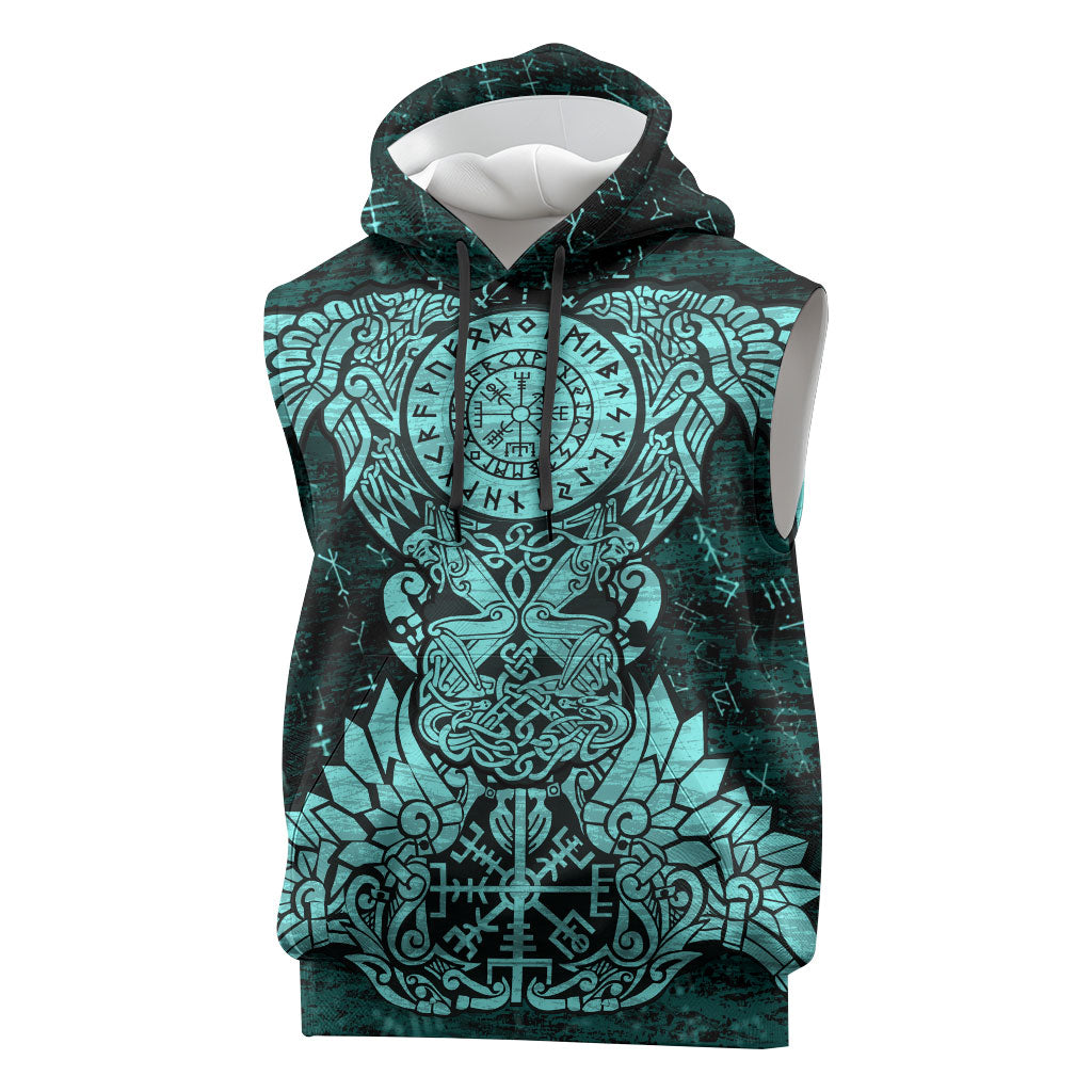 Valknut Ravens and Vegvisir Helm of Awe Sleeveless Hoodie Viking Nordic Celtic Knotwork Turquoise Runic Art