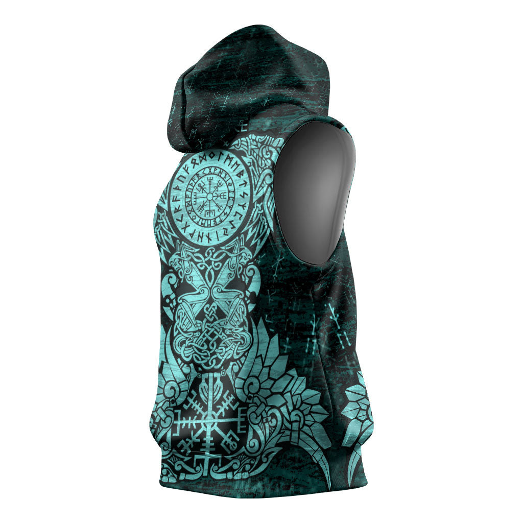 Valknut Ravens and Vegvisir Helm of Awe Sleeveless Hoodie Viking Nordic Celtic Knotwork Turquoise Runic Art
