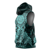 Valknut Ravens and Vegvisir Helm of Awe Sleeveless Hoodie Viking Nordic Celtic Knotwork Turquoise Runic Art