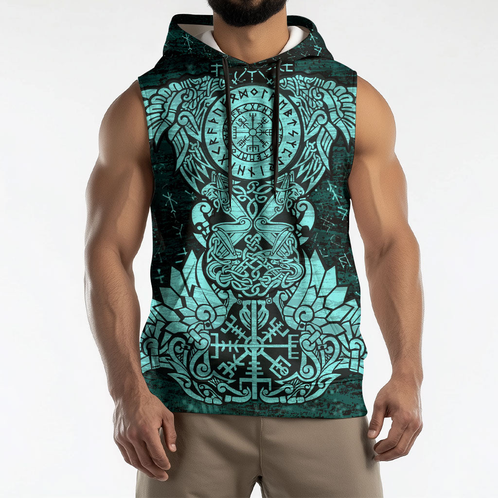 Valknut Ravens and Vegvisir Helm of Awe Sleeveless Hoodie Viking Nordic Celtic Knotwork Turquoise Runic Art