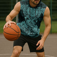 Valknut Ravens and Vegvisir Helm of Awe Sleeveless Hoodie Viking Nordic Celtic Knotwork Turquoise Runic Art