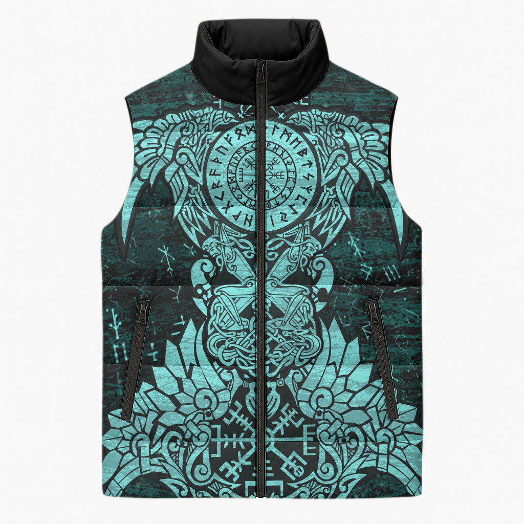 Valknut Ravens and Vegvisir Helm of Awe Sleeveless Puffer Jacket Viking Nordic Celtic Knotwork Turquoise Runic Art