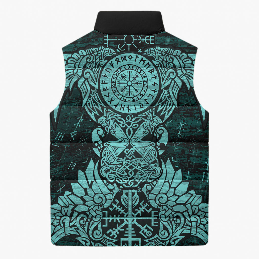 Valknut Ravens and Vegvisir Helm of Awe Sleeveless Puffer Jacket Viking Nordic Celtic Knotwork Turquoise Runic Art