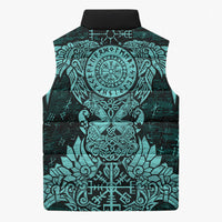 Valknut Ravens and Vegvisir Helm of Awe Sleeveless Puffer Jacket Viking Nordic Celtic Knotwork Turquoise Runic Art