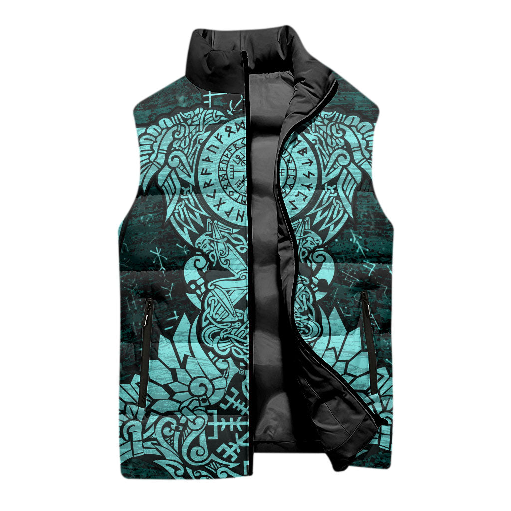 Valknut Ravens and Vegvisir Helm of Awe Sleeveless Puffer Jacket Viking Nordic Celtic Knotwork Turquoise Runic Art
