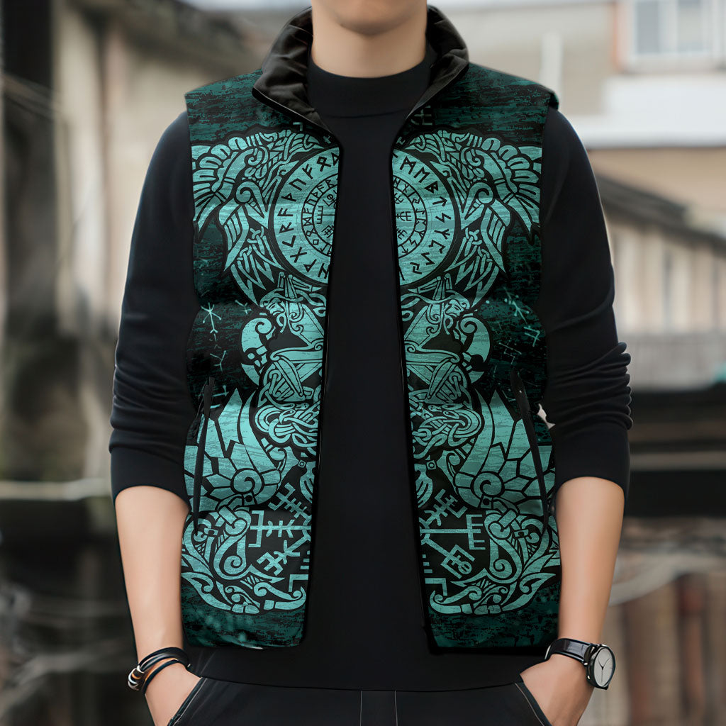 Valknut Ravens and Vegvisir Helm of Awe Sleeveless Puffer Jacket Viking Nordic Celtic Knotwork Turquoise Runic Art