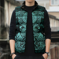 Valknut Ravens and Vegvisir Helm of Awe Sleeveless Puffer Jacket Viking Nordic Celtic Knotwork Turquoise Runic Art
