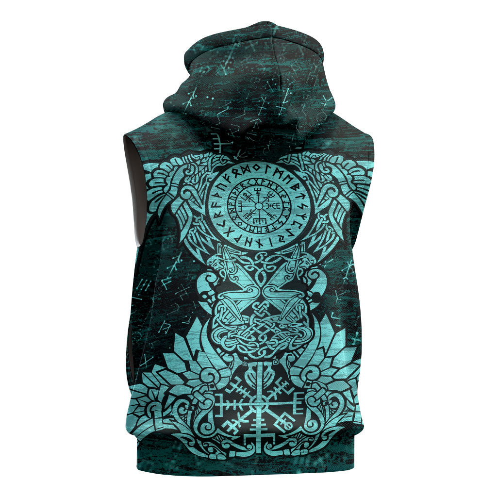 Valknut Ravens and Vegvisir Helm of Awe Sleeveless Zip Hoodie Viking Nordic Celtic Knotwork Turquoise Runic Art