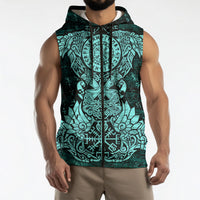 Valknut Ravens and Vegvisir Helm of Awe Sleeveless Zip Hoodie Viking Nordic Celtic Knotwork Turquoise Runic Art