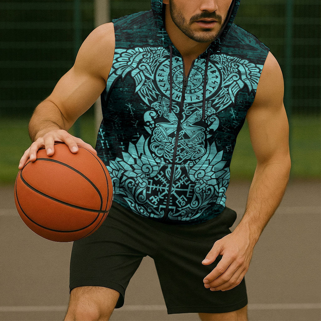 Valknut Ravens and Vegvisir Helm of Awe Sleeveless Zip Hoodie Viking Nordic Celtic Knotwork Turquoise Runic Art