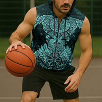 Valknut Ravens and Vegvisir Helm of Awe Sleeveless Zip Hoodie Viking Nordic Celtic Knotwork Turquoise Runic Art