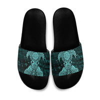 Valknut Ravens and Vegvisir Helm of Awe Slide Sandals Viking Nordic Celtic Knotwork Turquoise Runic Art