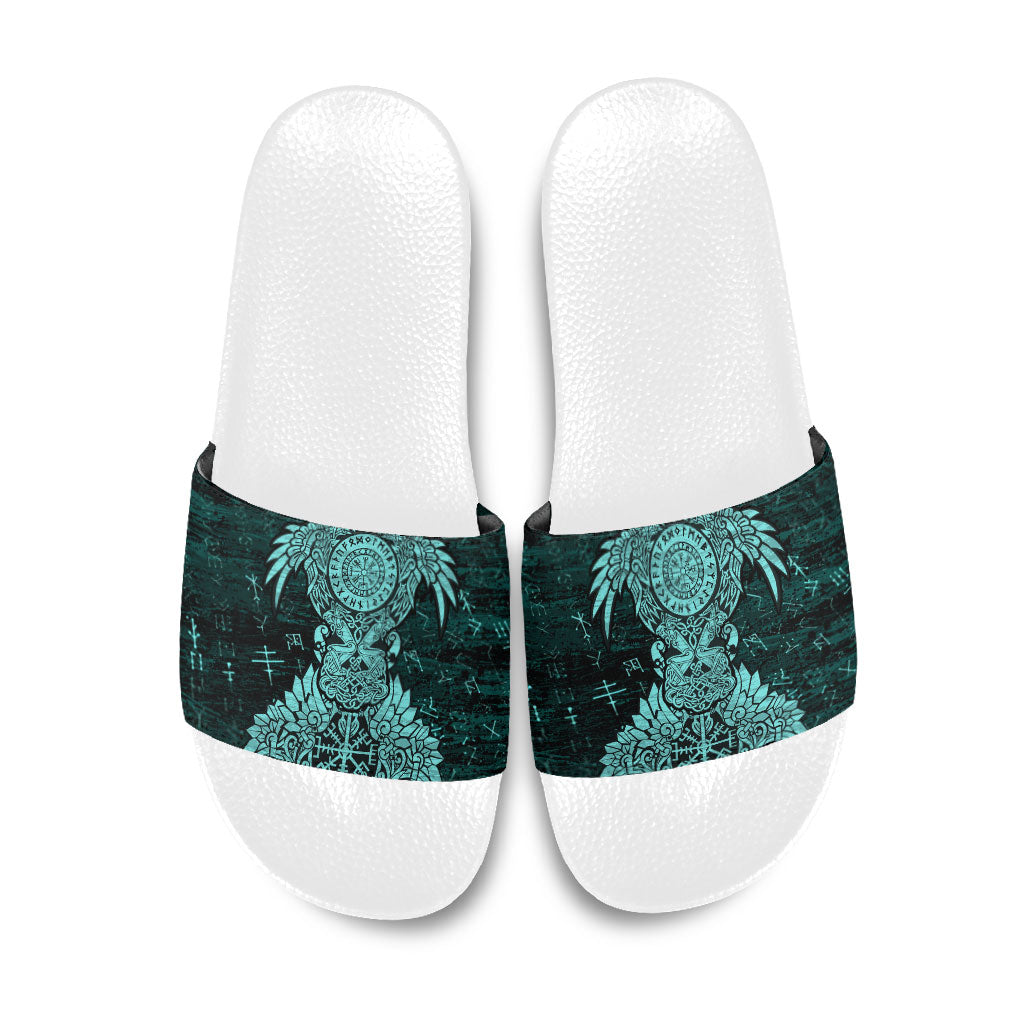 Valknut Ravens and Vegvisir Helm of Awe Slide Sandals Viking Nordic Celtic Knotwork Turquoise Runic Art