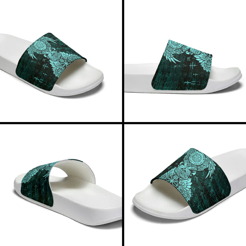 Valknut Ravens and Vegvisir Helm of Awe Slide Sandals Viking Nordic Celtic Knotwork Turquoise Runic Art