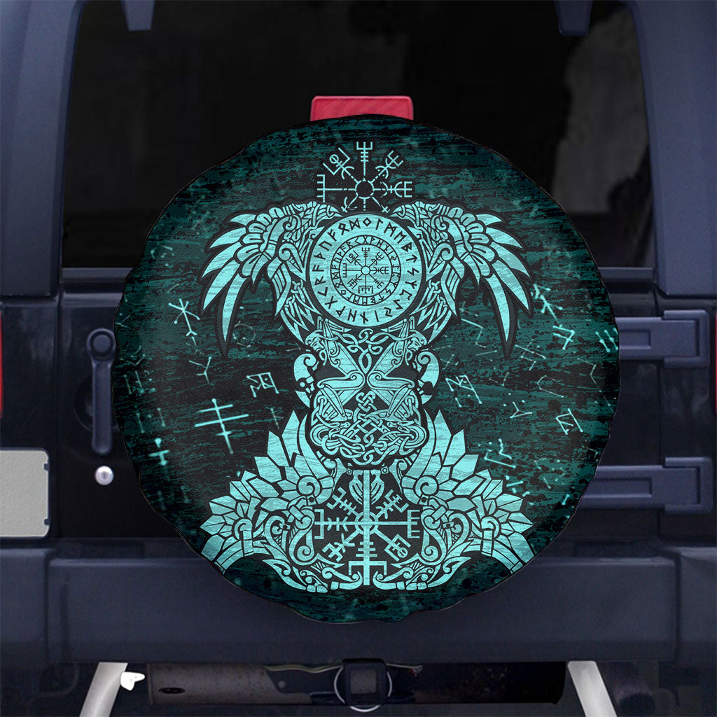 Valknut Ravens and Vegvisir Helm of Awe Spare Tire Cover Viking Nordic Celtic Knotwork Turquoise Runic Art