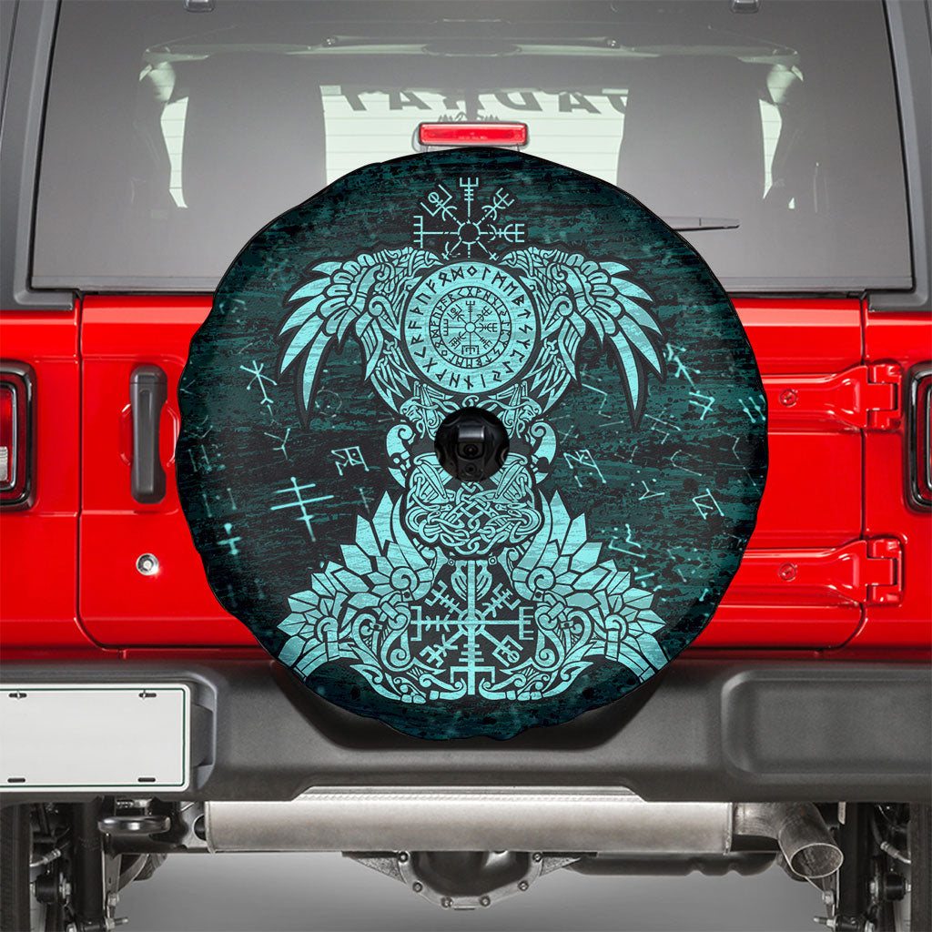 Valknut Ravens and Vegvisir Helm of Awe Spare Tire Cover Viking Nordic Celtic Knotwork Turquoise Runic Art