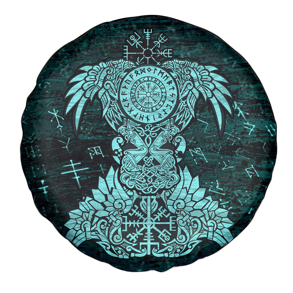 Valknut Ravens and Vegvisir Helm of Awe Spare Tire Cover Viking Nordic Celtic Knotwork Turquoise Runic Art