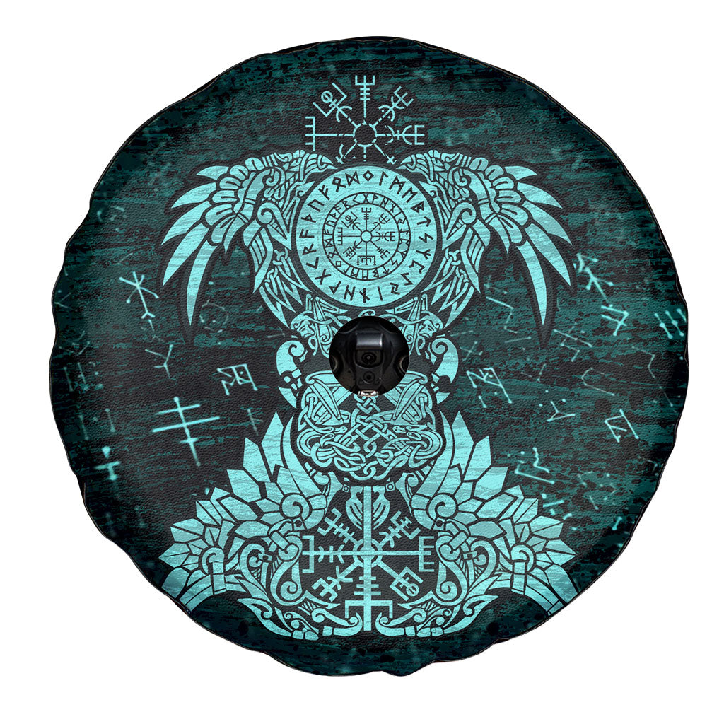 Valknut Ravens and Vegvisir Helm of Awe Spare Tire Cover Viking Nordic Celtic Knotwork Turquoise Runic Art
