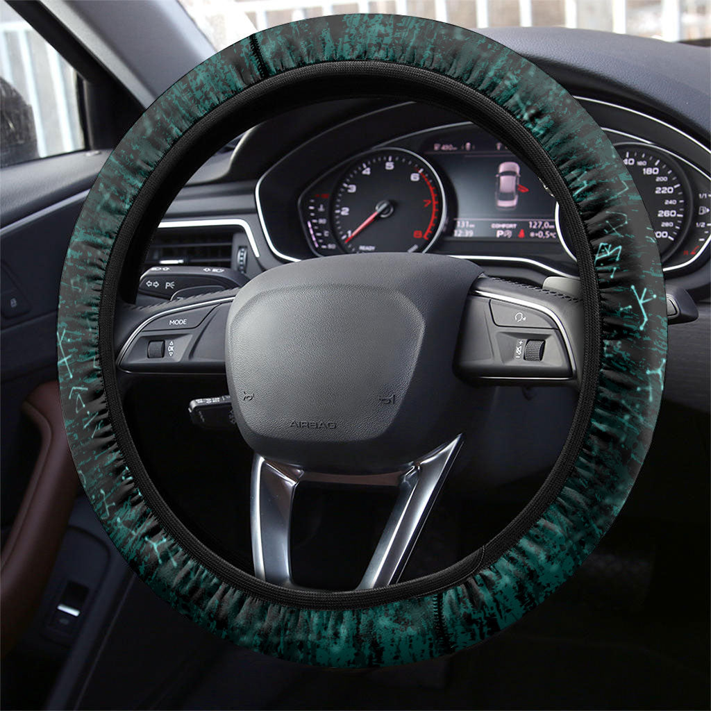 Valknut Ravens and Vegvisir Helm of Awe Steering Wheel Cover Viking Nordic Celtic Knotwork Turquoise Runic Art