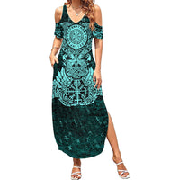 Valknut Ravens and Vegvisir Helm of Awe Summer Maxi Dress Viking Nordic Celtic Knotwork Turquoise Runic Art