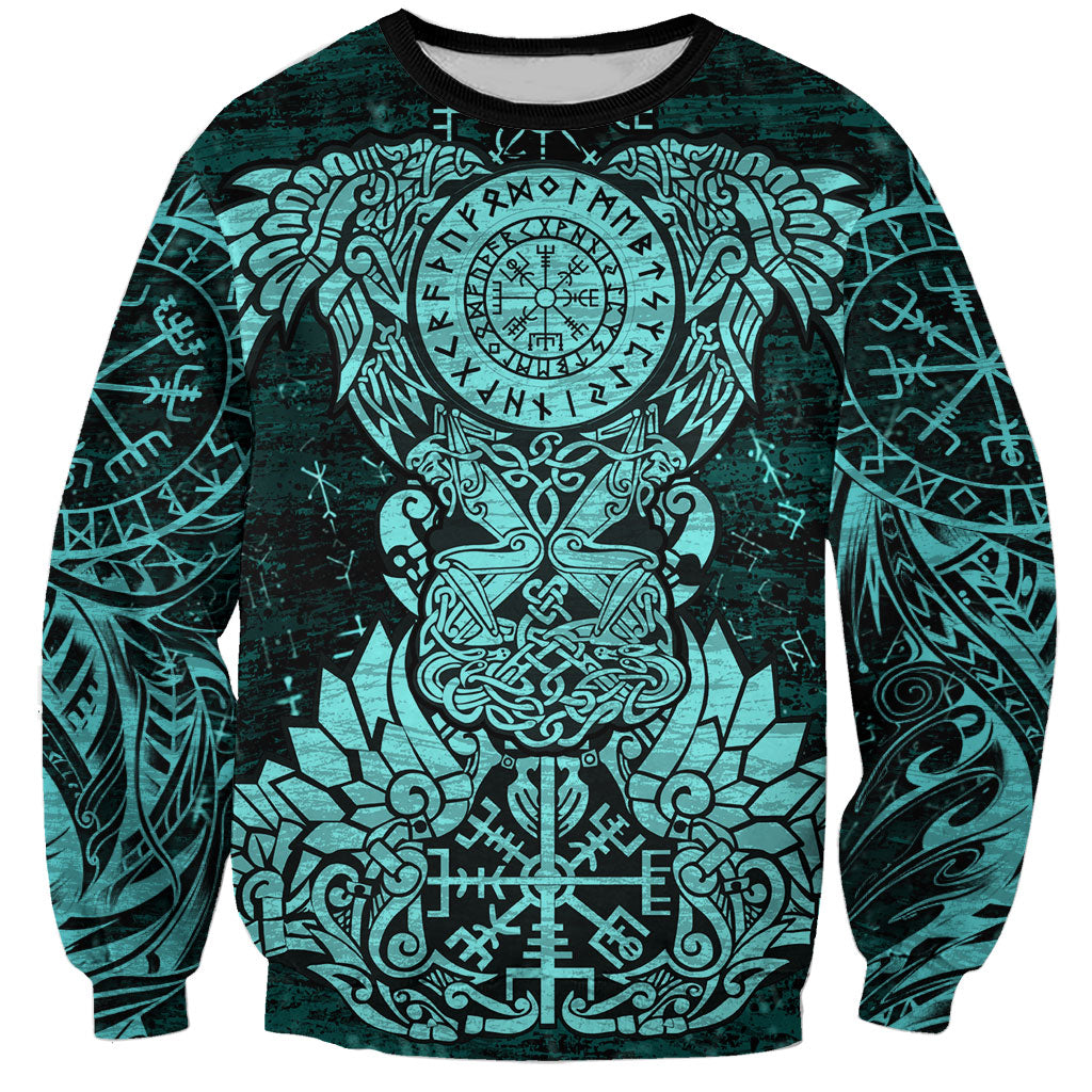 Valknut Ravens and Vegvisir Helm of Awe Sweatshirt Viking Nordic Celtic Knotwork Turquoise Runic Art