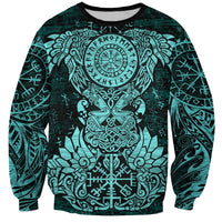 Valknut Ravens and Vegvisir Helm of Awe Sweatshirt Viking Nordic Celtic Knotwork Turquoise Runic Art