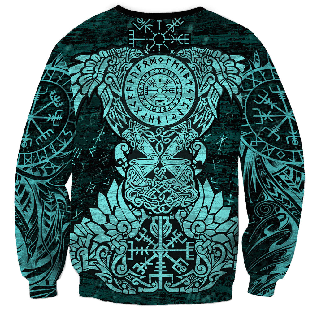 Valknut Ravens and Vegvisir Helm of Awe Sweatshirt Viking Nordic Celtic Knotwork Turquoise Runic Art