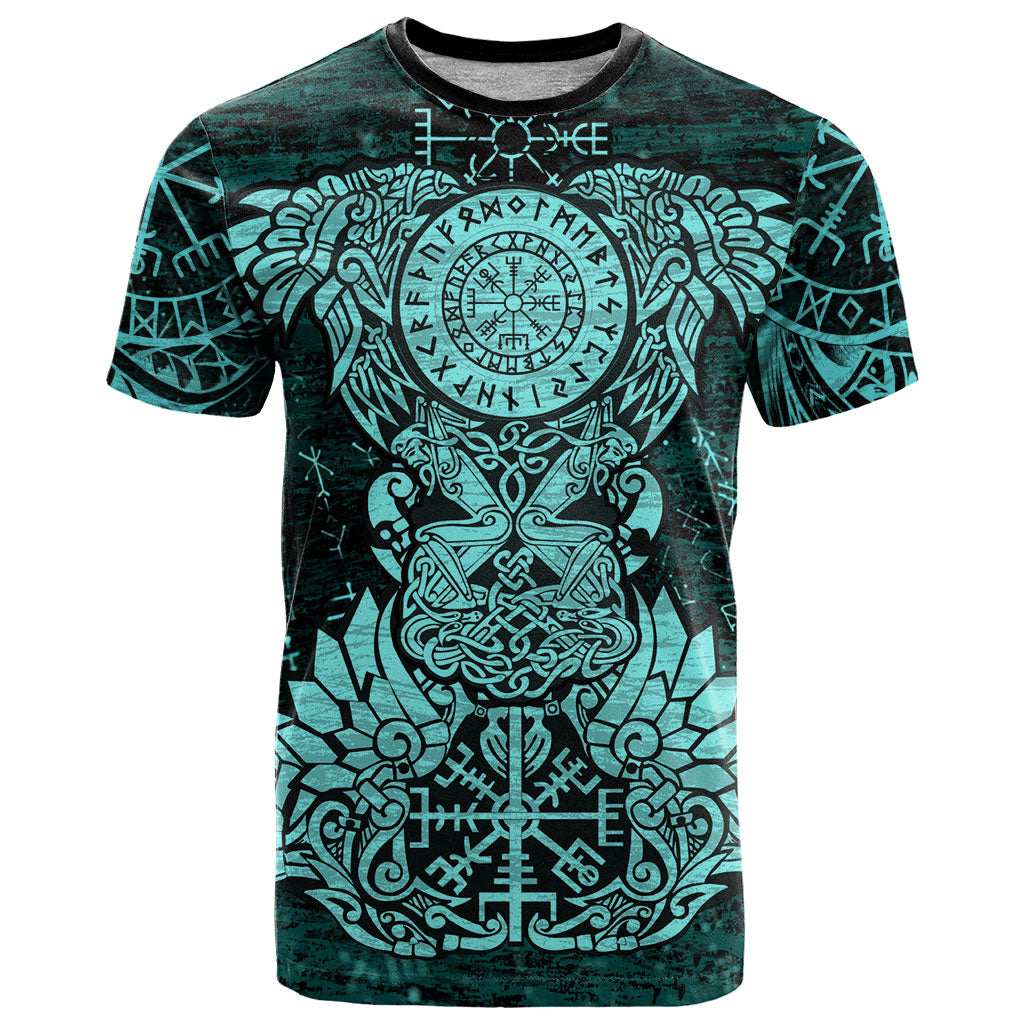 Valknut Ravens and Vegvisir Helm of Awe T Shirt Viking Nordic Celtic Knotwork Turquoise Runic Art