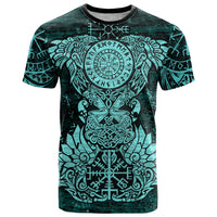Valknut Ravens and Vegvisir Helm of Awe T Shirt Viking Nordic Celtic Knotwork Turquoise Runic Art
