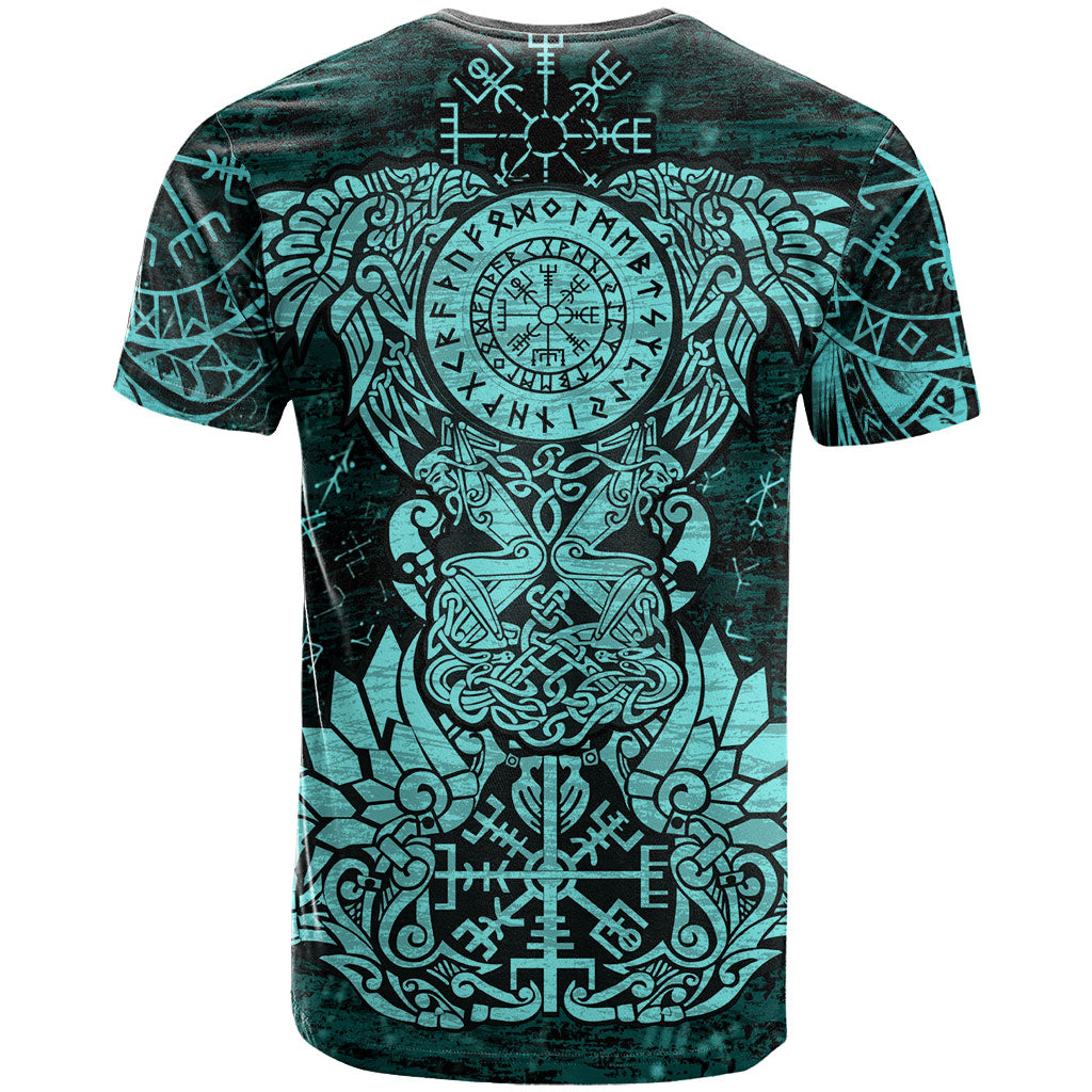 Valknut Ravens and Vegvisir Helm of Awe T Shirt Viking Nordic Celtic Knotwork Turquoise Runic Art