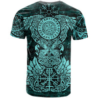 Valknut Ravens and Vegvisir Helm of Awe T Shirt Viking Nordic Celtic Knotwork Turquoise Runic Art