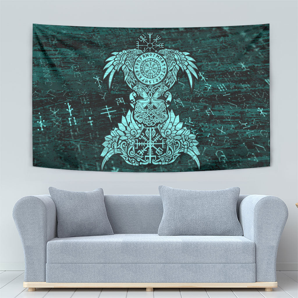 Valknut Ravens and Vegvisir Helm of Awe Tapestry Viking Nordic Celtic Knotwork Turquoise Runic Art
