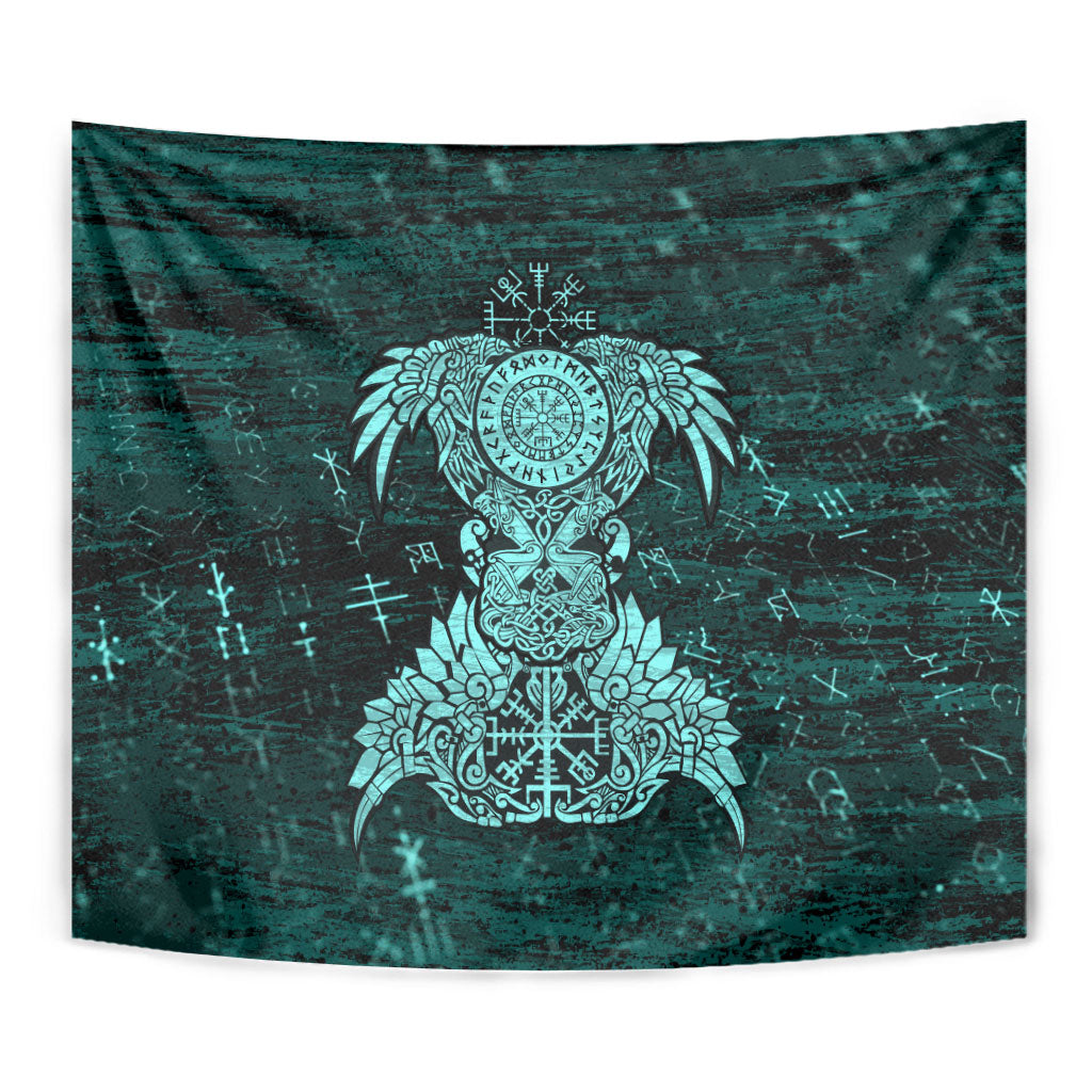 Valknut Ravens and Vegvisir Helm of Awe Tapestry Viking Nordic Celtic Knotwork Turquoise Runic Art