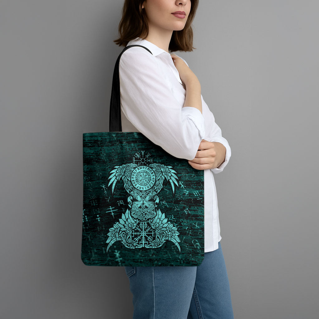 Valknut Ravens and Vegvisir Helm of Awe Tote Bag Viking Nordic Celtic Knotwork Turquoise Runic Art