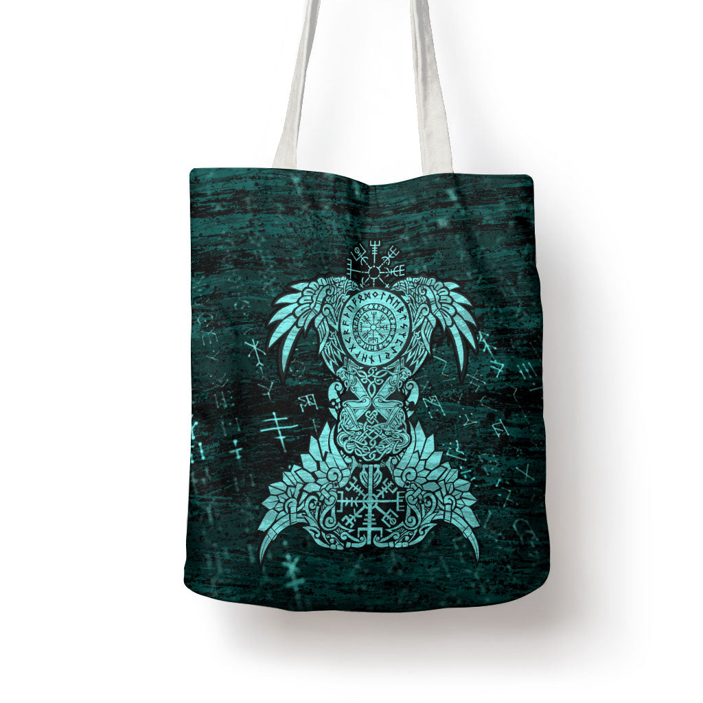 Valknut Ravens and Vegvisir Helm of Awe Tote Bag Viking Nordic Celtic Knotwork Turquoise Runic Art