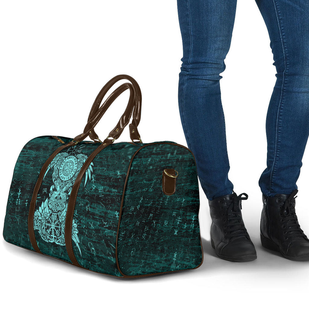 Valknut Ravens and Vegvisir Helm of Awe Travel Bag Viking Nordic Celtic Knotwork Turquoise Runic Art