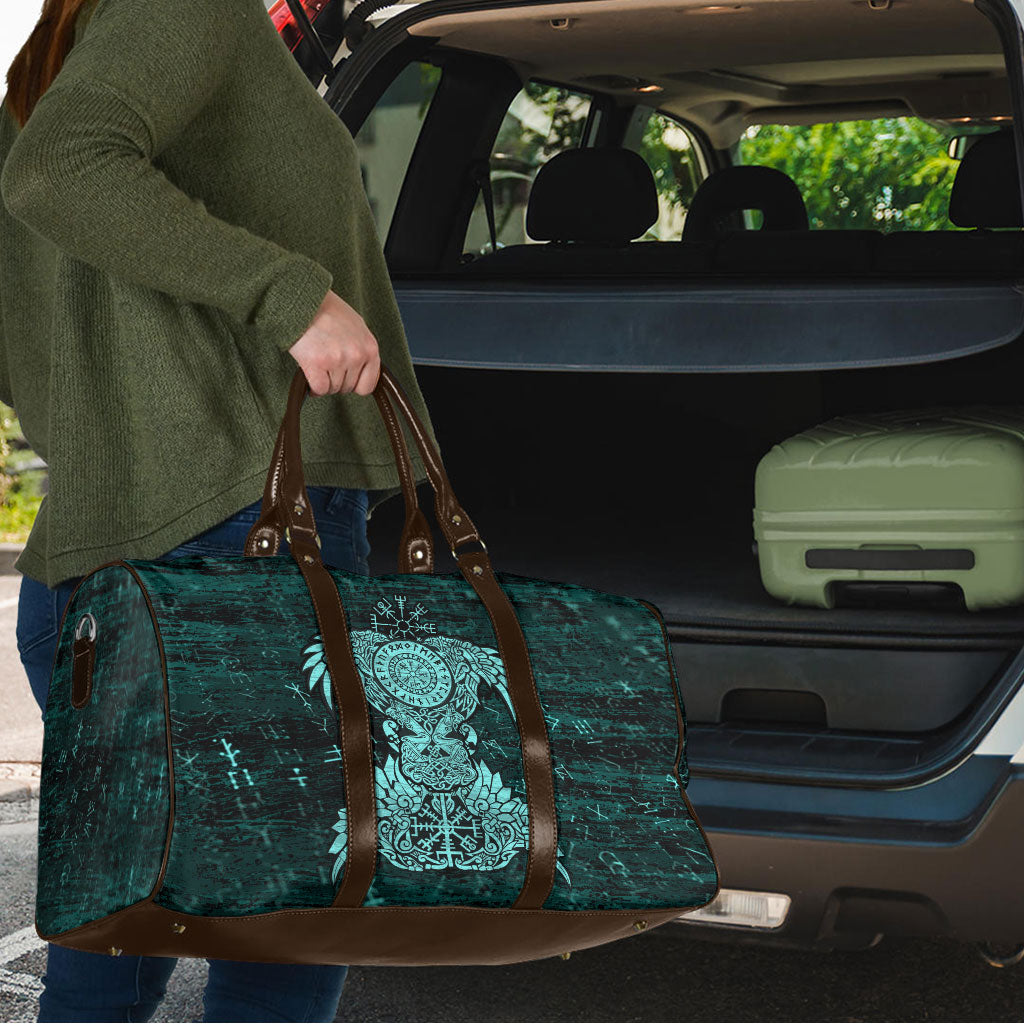 Valknut Ravens and Vegvisir Helm of Awe Travel Bag Viking Nordic Celtic Knotwork Turquoise Runic Art