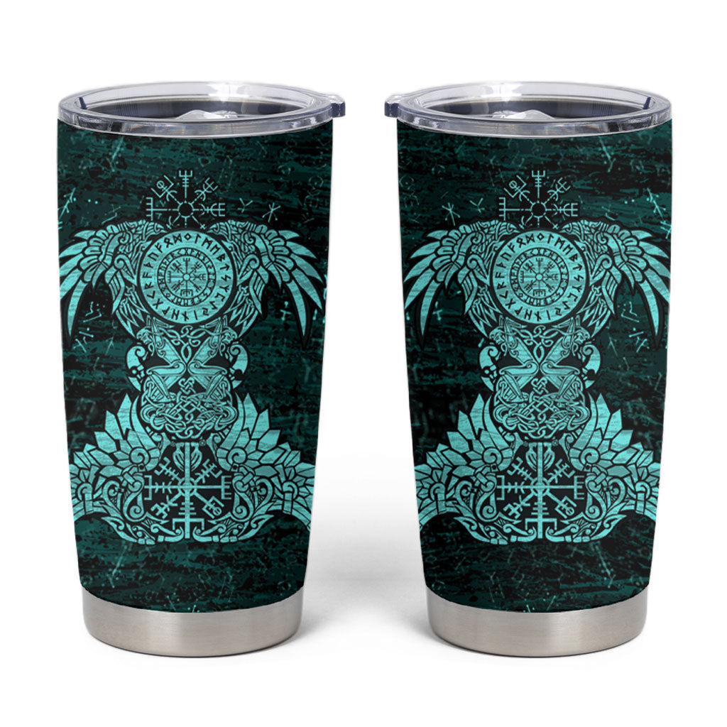 Valknut Ravens and Vegvisir Helm of Awe Tumbler Cup Viking Nordic Celtic Knotwork Turquoise Runic Art