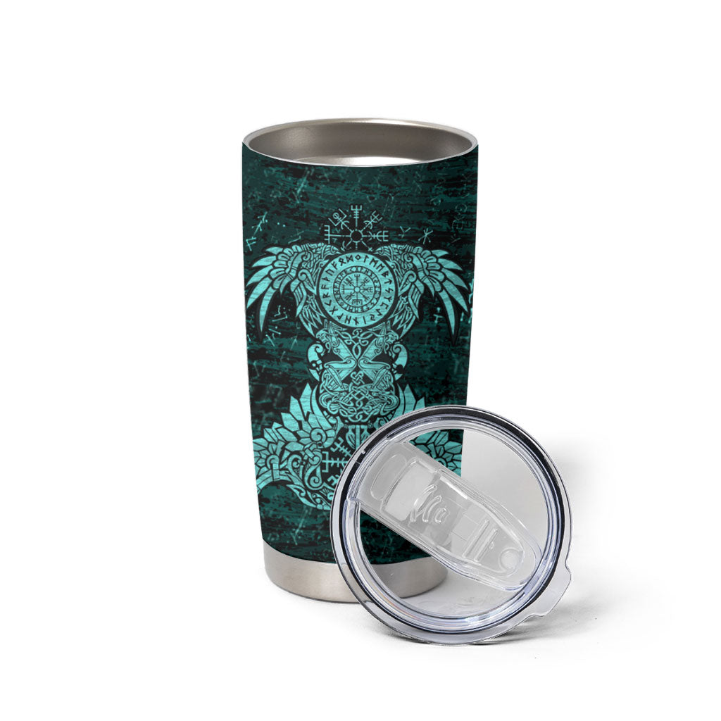 Valknut Ravens and Vegvisir Helm of Awe Tumbler Cup Viking Nordic Celtic Knotwork Turquoise Runic Art