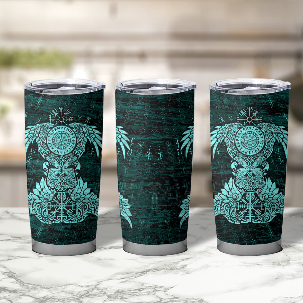Valknut Ravens and Vegvisir Helm of Awe Tumbler Cup Viking Nordic Celtic Knotwork Turquoise Runic Art